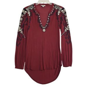 Lucky Brand Burgundy Floral Embroidered V-Neck Blouse